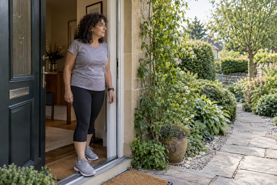 Una donna pronta per correre si ferma sulla soglia di casa